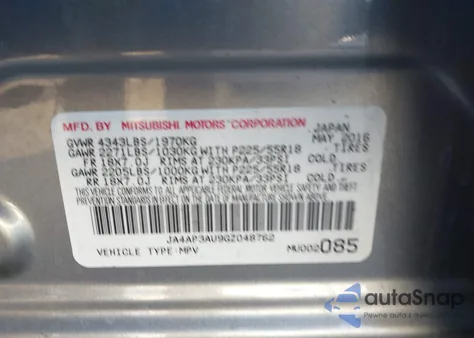 2016 Mitsubishi Outlander Sport 2.0 Es z USA, uszkodzony, nr VIN JA4AP3AU9GZ048762